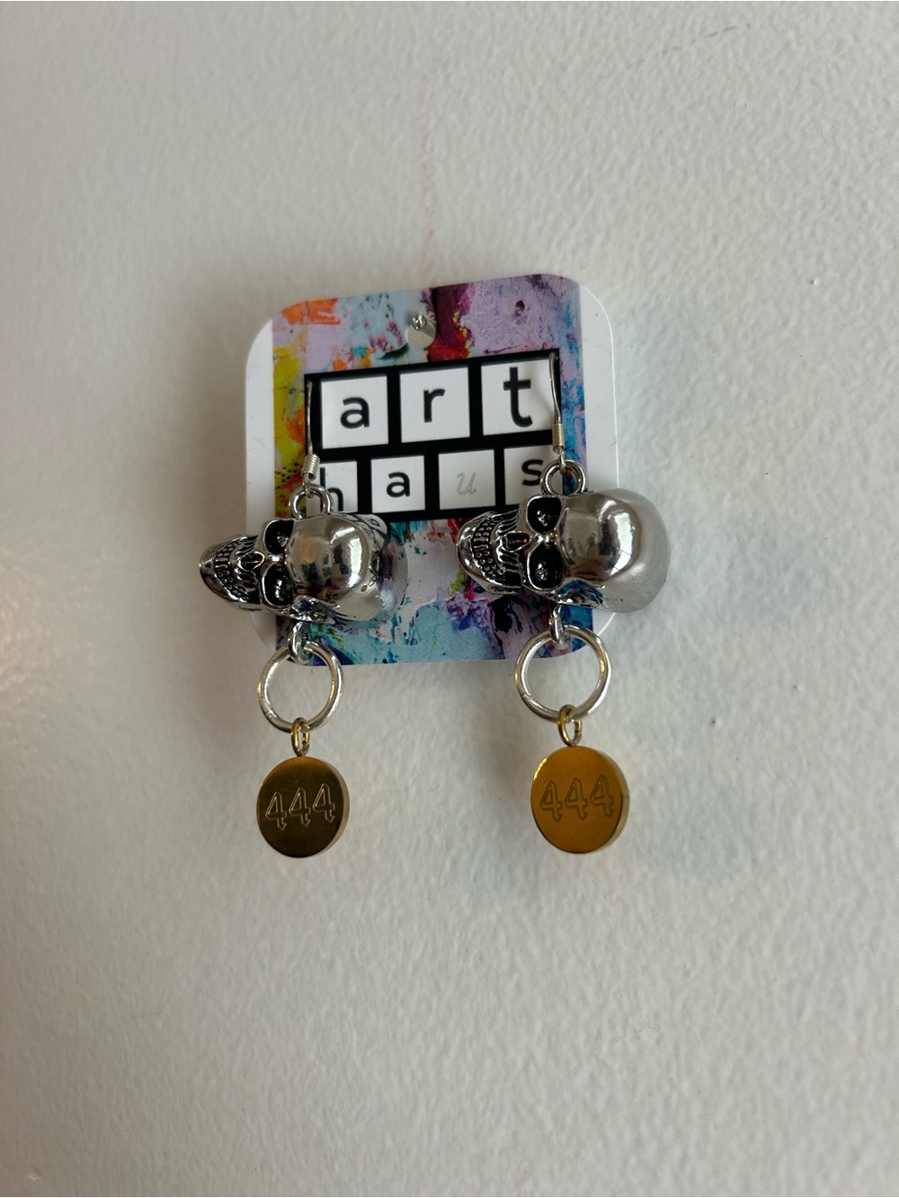 Angel number Silver Skull Drop Earrings with Gold 444 Charms - Picture 3 of 3